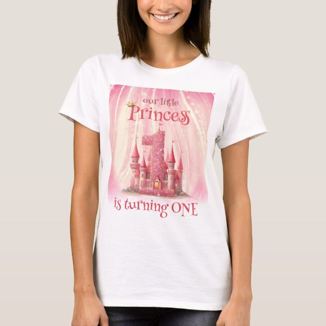 Camiseta Pequeña Princesa Castillo Rosa Primer Cumpleaños (Anverso)