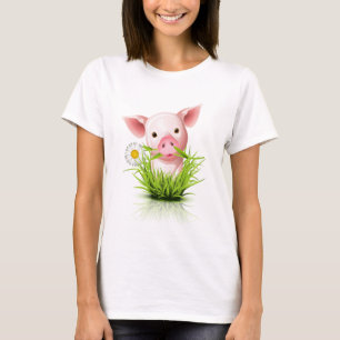 Camiseta Pequeño cerdo rosado en la hierba