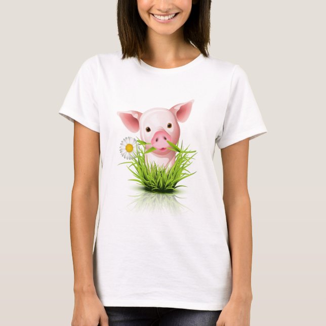 Camiseta Pequeño cerdo rosado en la hierba (Anverso)