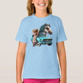 Camiseta Pequeño Chica rubio con caballo de Mustang