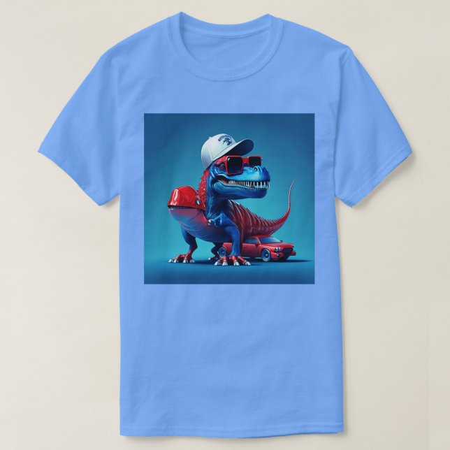 Camiseta pequeño dinosaurio en un auto deportivo rojo (Diseño del anverso)