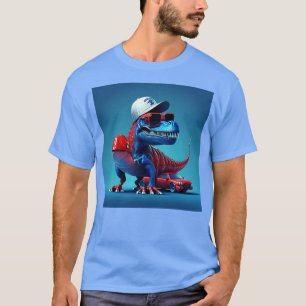 Camiseta pequeño dinosaurio en un auto deportivo rojo