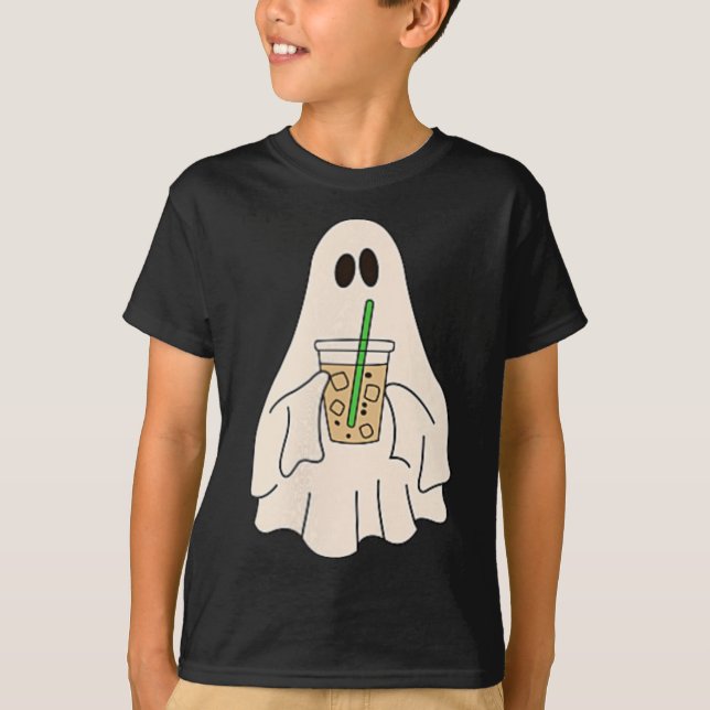 Camiseta Pequeño fantasma bebiendo café helado Halloween Sp (Anverso)