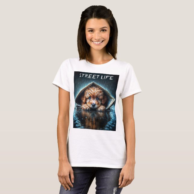 Camiseta Pequeño perro lindo en el día de la lluvia con ojo (Anverso completo)