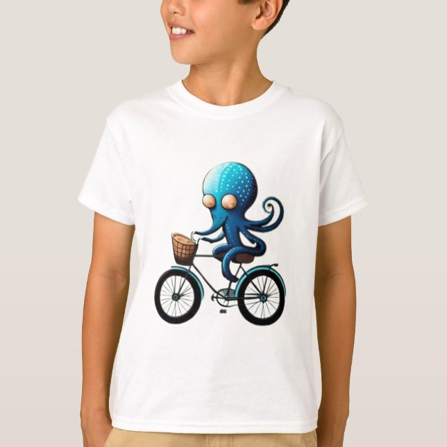 Camiseta Pequeño pulpo azul lindo en una bicicleta (Anverso)