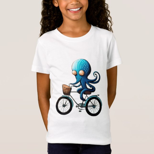 Camiseta Pequeño pulpo azul lindo en una bicicleta (Anverso)