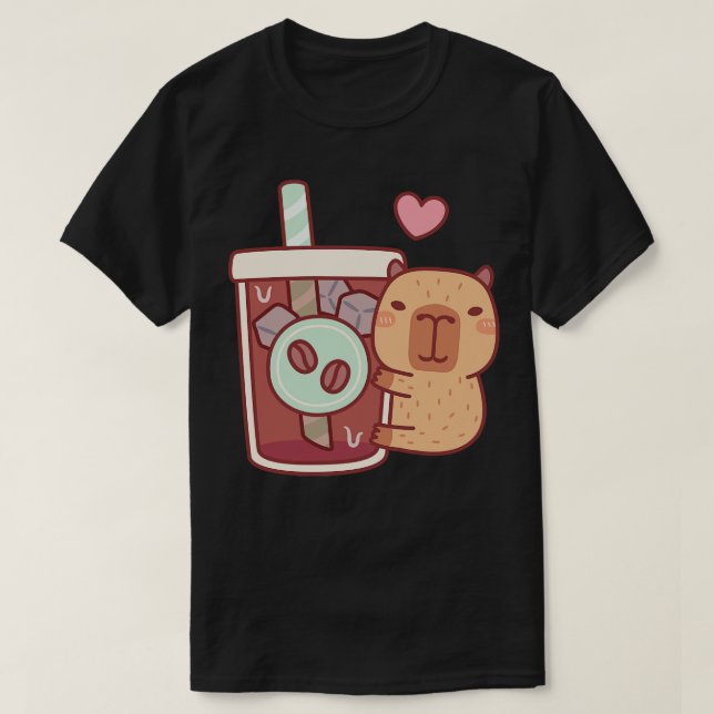 Camiseta Pequeño y lindo Capibara abraza café helado (Diseño del anverso)