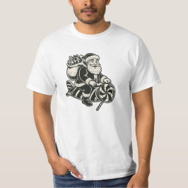 Camiseta Père Noël rétro sur fusée sucre d’orge stylisée.