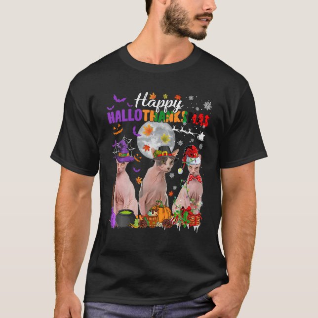 Camiseta Peregrino divertido Santa Sphynx Gatos Feliz Hallo (Anverso)