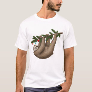 Camiseta Perezoso Alegre en Rama de árbol de Navidad con Ad