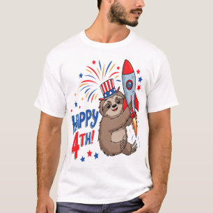 Camiseta Perezoso Feliz 4º Cohetes de Fuegos Artificiales E