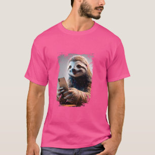 Camiseta Perezoso Feliz y Divertido jugando con su Teléfono