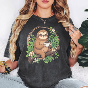 Camiseta Perezoso Lindo Bebiendo Café Selva Tropical