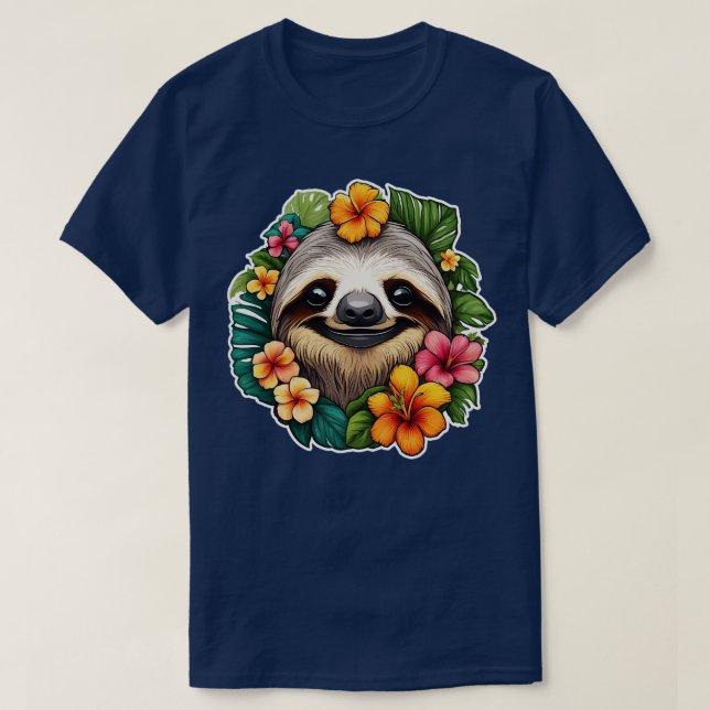Camiseta perezoso lindo con flores tropicales (Diseño del anverso)
