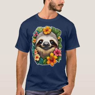 Camiseta perezoso lindo con flores tropicales