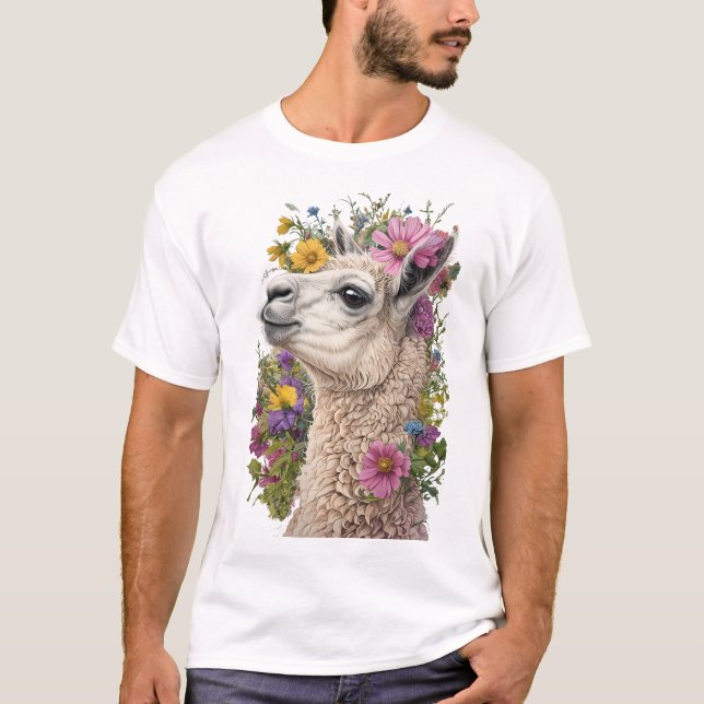 Camiseta Perfil lateral de Llama con floral vibrante (Anverso)