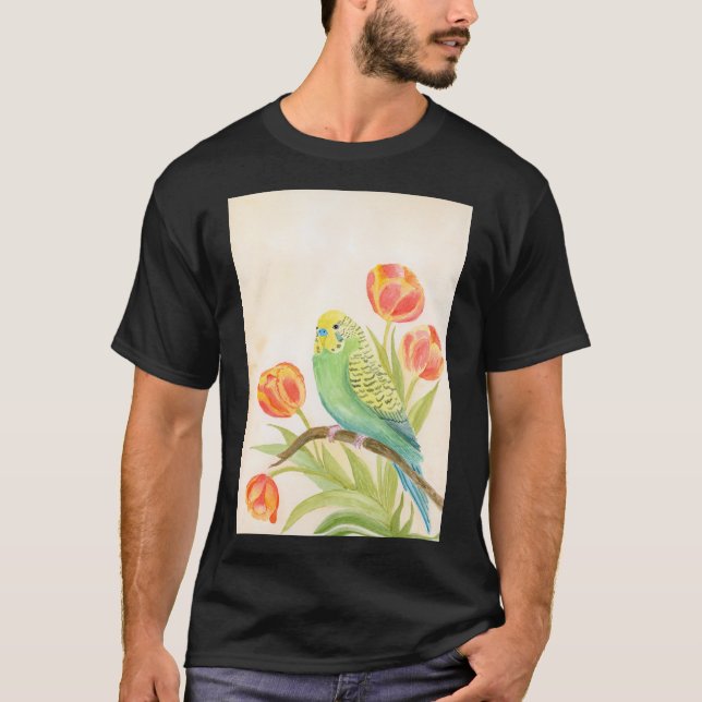 Camiseta Periquito con Tulipanes Mascotas Exóticas (Anverso)