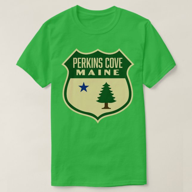 Camiseta Perkins Cove Maine Retro Pine Tree Shield Green (Diseño del anverso)