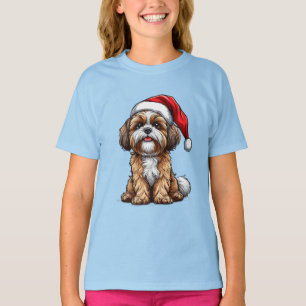 Camiseta Perrito Adorable con Gorro de Santa Celebrando la