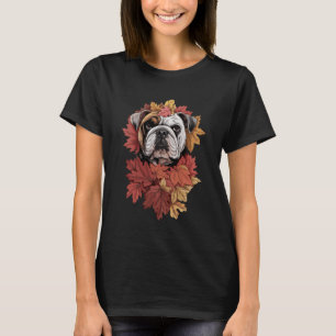 Camiseta Perrito Bulldog Inglés Divertido Otoño Hojas Mujer