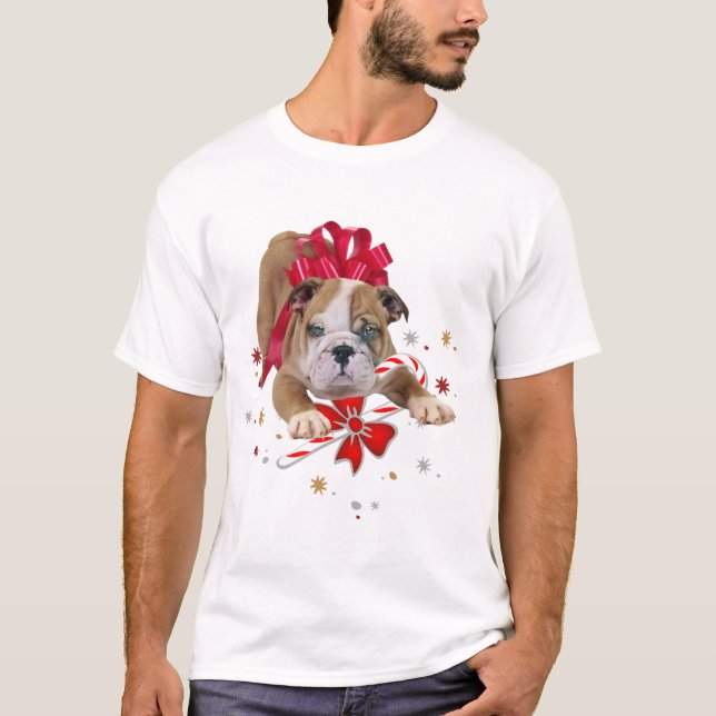 Camiseta Perrito del bulldog con el bastón rojo del arco y (Anverso)