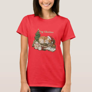 Camiseta Perrito durmiendo navideño acogedor y libros vinta