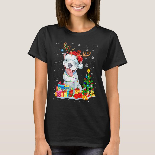 Camiseta Perrito Pit Bull Divertido Navidad Luces de Navida (Anverso)