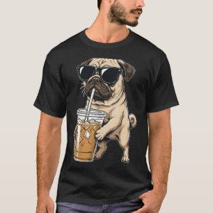 Camiseta Perrito Pug Divertido Bebiendo Café Helado con Gaf