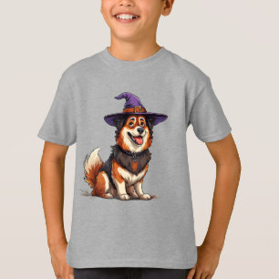 Camiseta Perro Adorable con Sombrero de Brujo Púrpura
