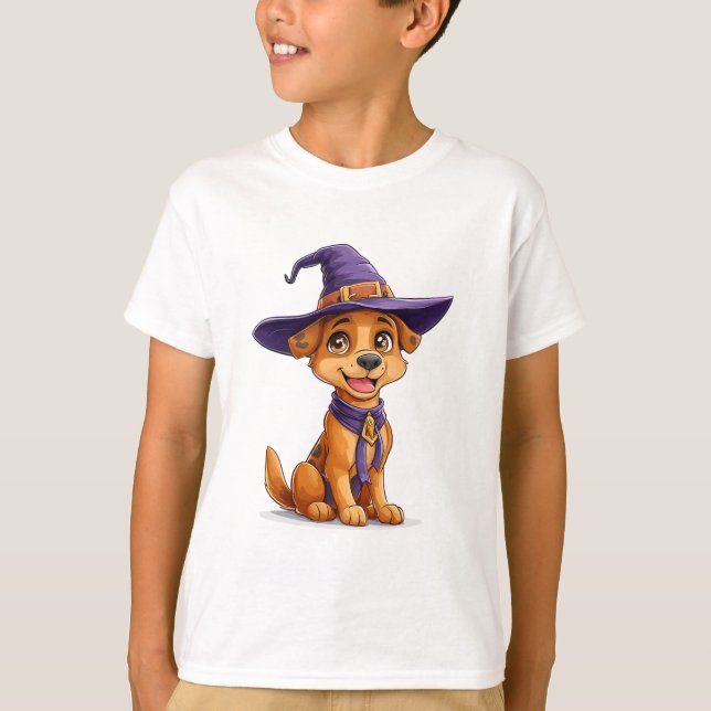 Camiseta Perro Alegre con Sombrero de Bruja (Anverso)
