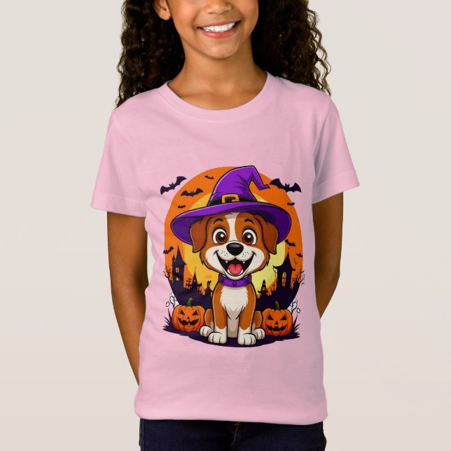 Camiseta Perro alegre vestido de bruja en medio de Hallowee (Anverso)