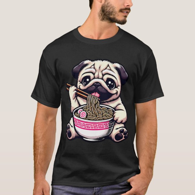 Camiseta Perro Anime Pug Comiendo Fideos Ramen (Anverso)