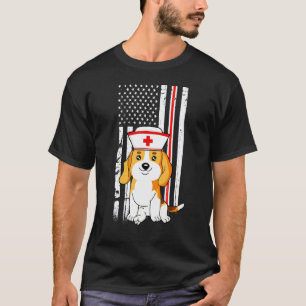 Camiseta Perro Beagle Enfermera Bandera Americana Línea Roj