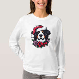 Camiseta Perro Bernés festivo con Santa Hat y Florals