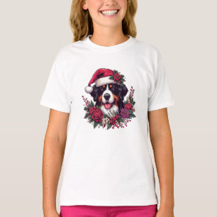 Camiseta Perro Bernés festivo con Santa Hat y Florals