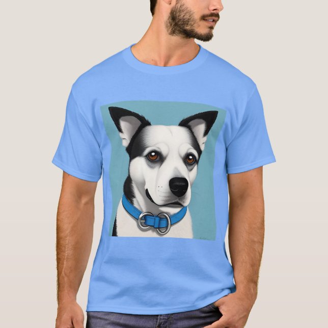 Camiseta Perro Blanco y Negro con Collar Azul (Anverso)