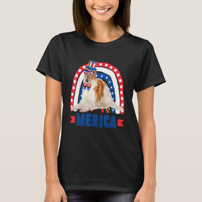 Camiseta Perro Borzoi Leopardo Arcoiris Bandera Mérica 4 De (Anverso)