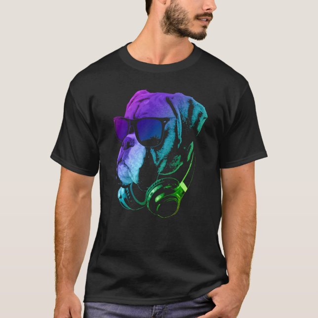 Camiseta Perro Boxeador Con Gafas De Sol Y Auriculares (Anverso)
