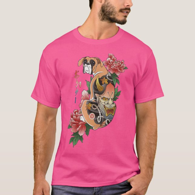 Camiseta Perro Boxeador Samurái Ukiyo E Flores Guerrero Jap (Anverso)