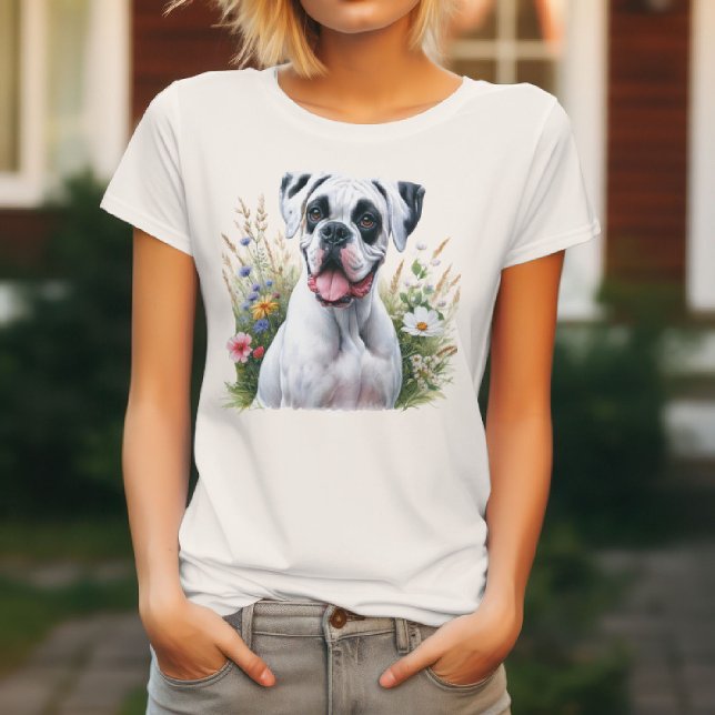 Camiseta Perro Boxer Blanco Entre las Flores (Subido por el creador)