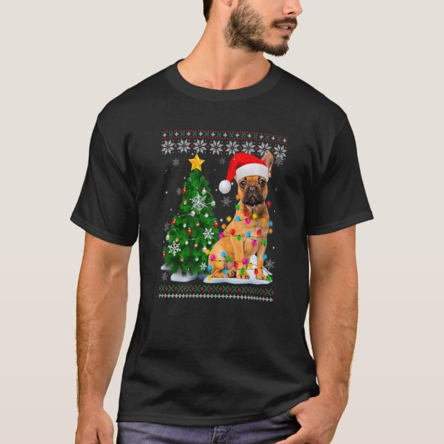 Camiseta Perro Bulldog francés feo Santa Hat Árbol de Navid (Anverso)