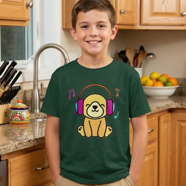 Camiseta Perro cachorro Kawaii sonriendo con auriculares co (Kawaii Dog Puppy Smiling with Colorful Headphones. Boy Basic Green T-Shirt)
