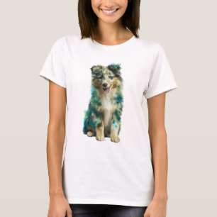 Camiseta Perro Cachorro Peludo Acuarela Azul Turquesa Mujer