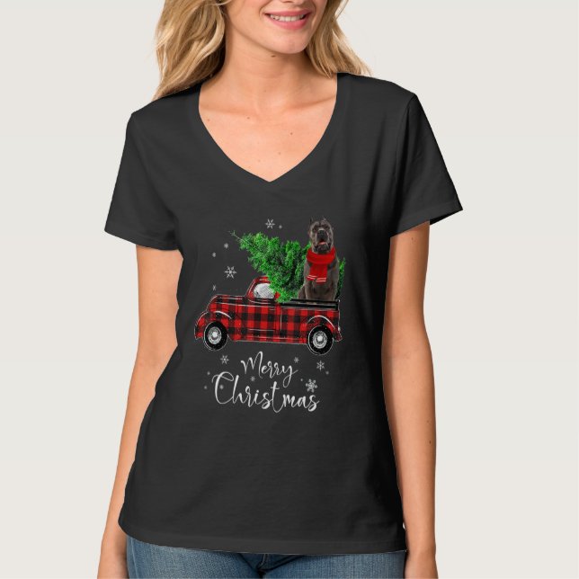 Camiseta Perro Cane Corso monta camión rojo perro de Navida (Anverso)