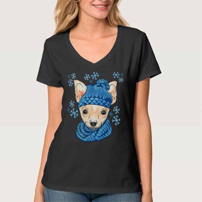 Camiseta Perro Chihuahua de invierno con Gorra de copos de  (Anverso)