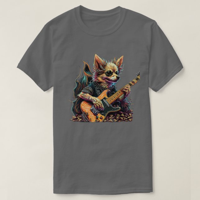 Camiseta Perro Chihuahua jugando rock de guitarra eléctrica (Diseño del anverso)