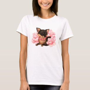 Camiseta Perro chihuahua lindo con flores rosadas