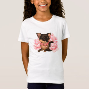 Camiseta Perro chihuahua lindo con flores rosadas