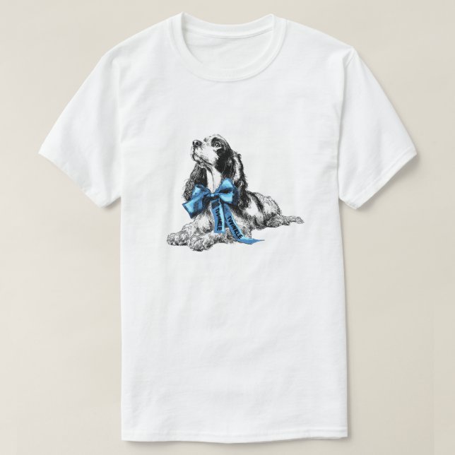 Camiseta Perro Cocker Spaniel con Lazo Azul Boceto Dibujado (Diseño del anverso)