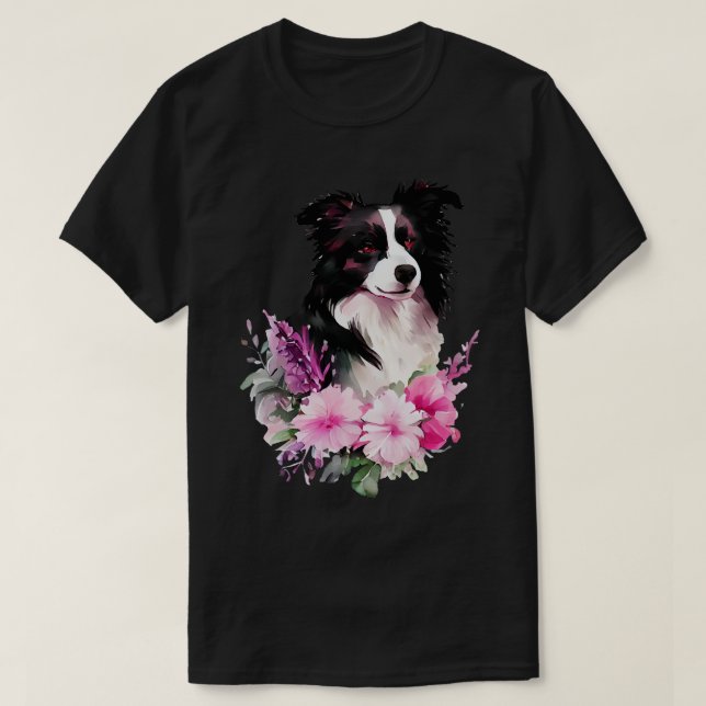 Camiseta Perro collie fronterizo con flores (Diseño del anverso)